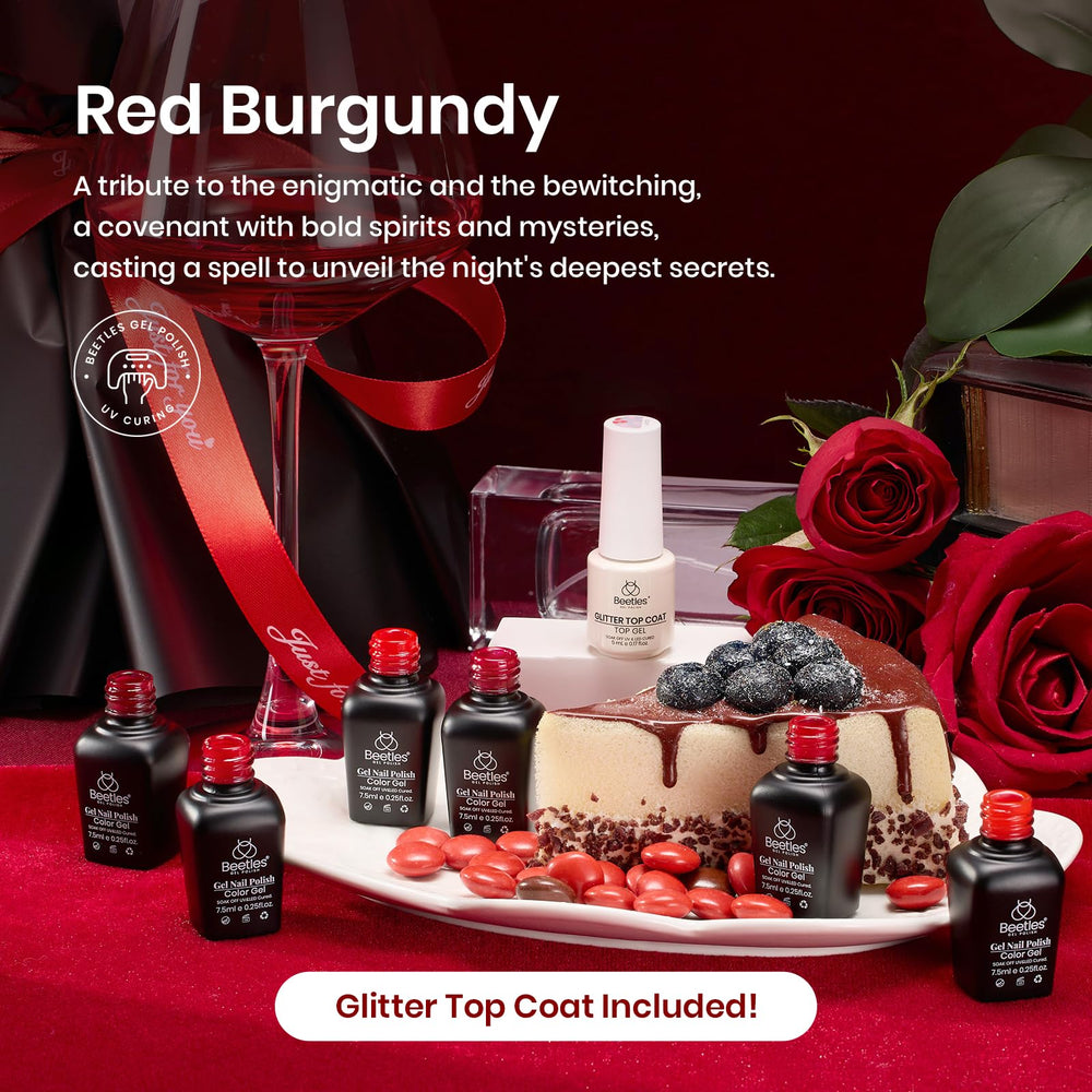 Beetles Gel Rojo Duración Prolongada: hasta 28 días con base y capa.