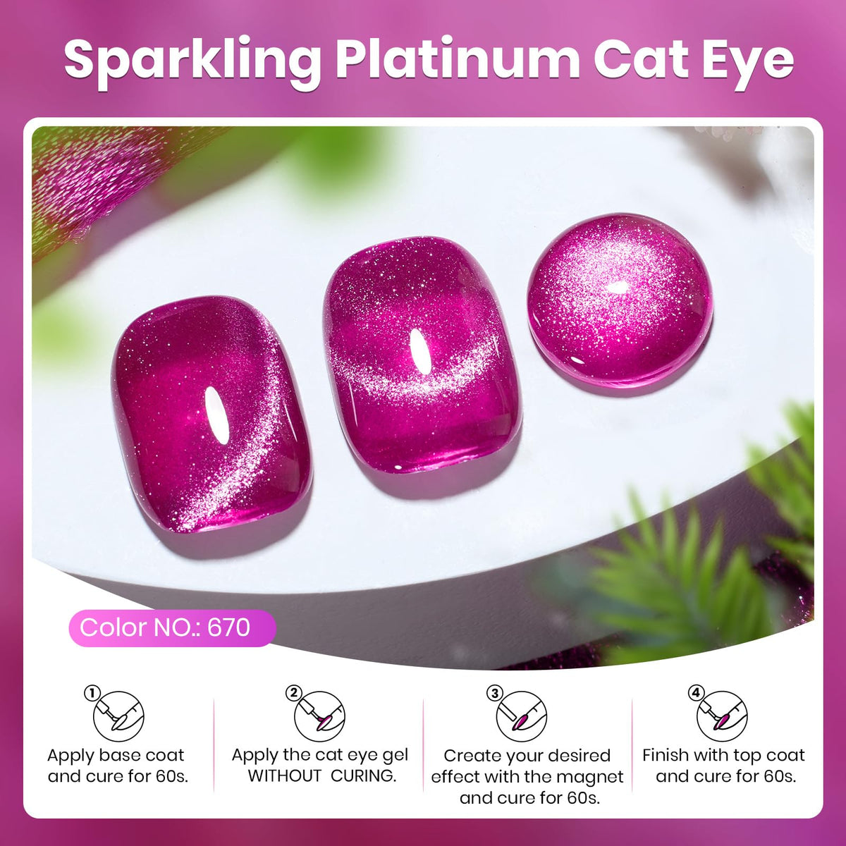 Beetles Gel Uñas Rosa Caliente con imán, muestra diseño dinámico para looks diarios.