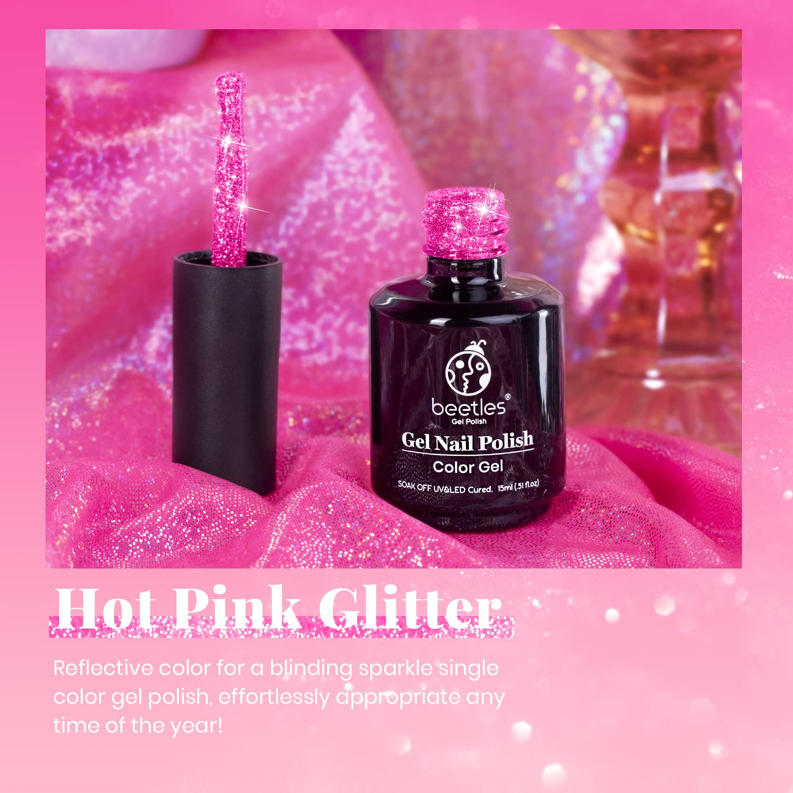 Beetles Glitter Gel Nail Polish close up of reflective pink glitter