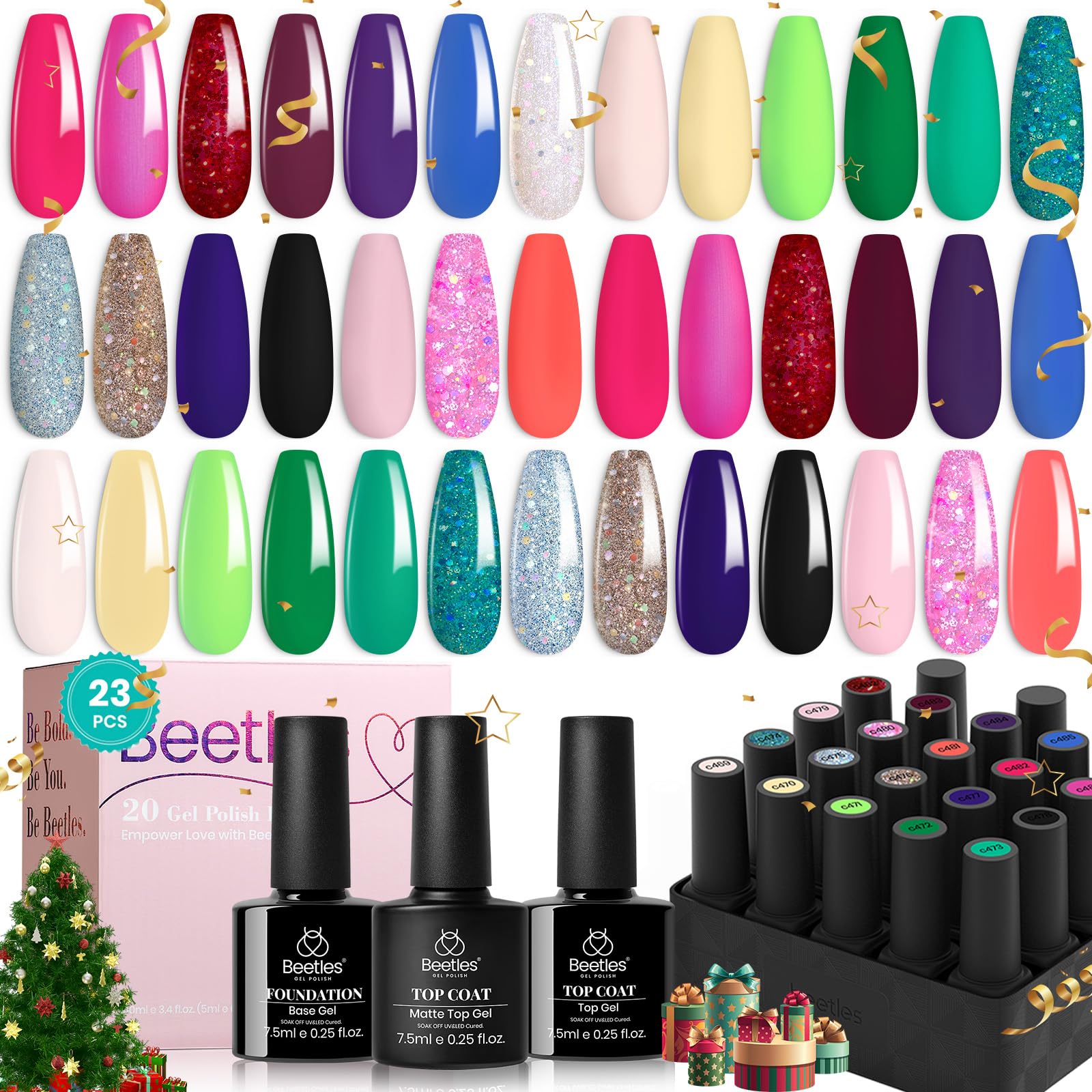 Beetles Glitter Gel Nail Polish Set image shows 20 mini colors for versatile nail designs.