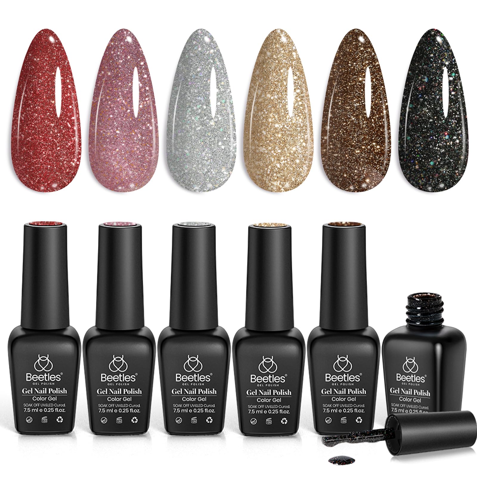 Beetles Glitter Gel Nail Polish six colors on display showing variety and sparkle