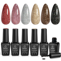 Beetles Glitter Gel Nail Polish six colors on display showing variety and sparkle