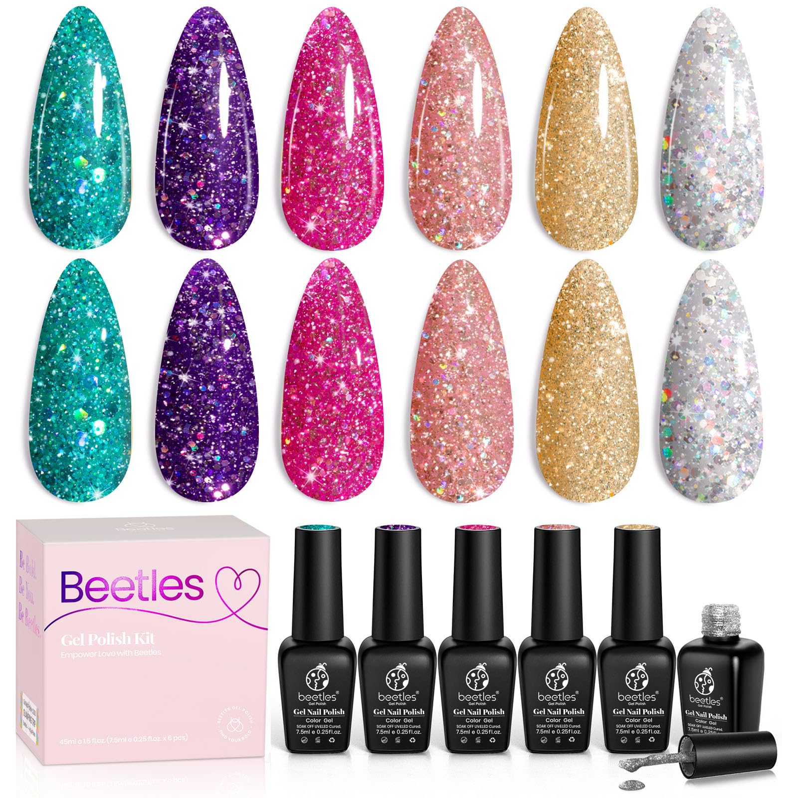 Beetles Glitter Gel Polish Kit 6-Piece packaging, ready for stylish at-home manicures
