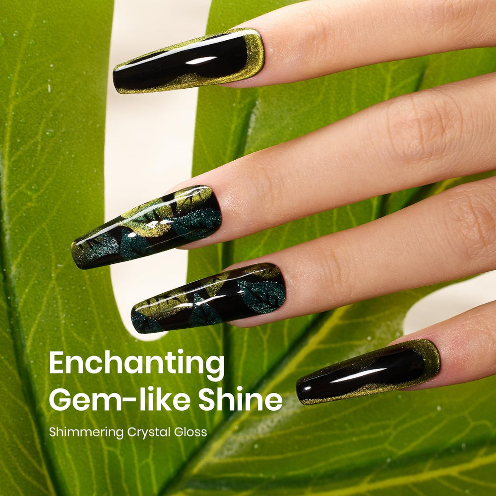 Beetles Glitter Green Cat Eye nail art close-up showing shimmer and depth