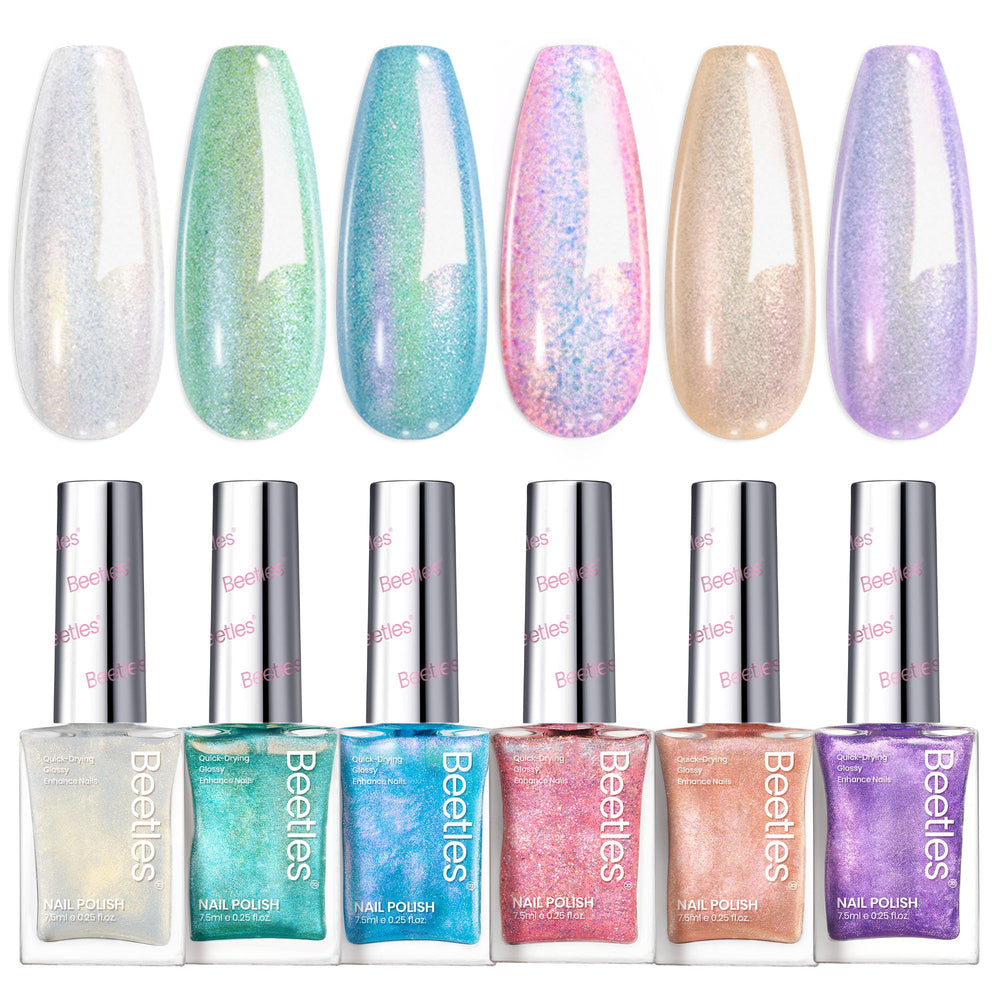 Beetles Glitter Nail Polish Set includes six shades: pink, green, blue, purple, gold, white.