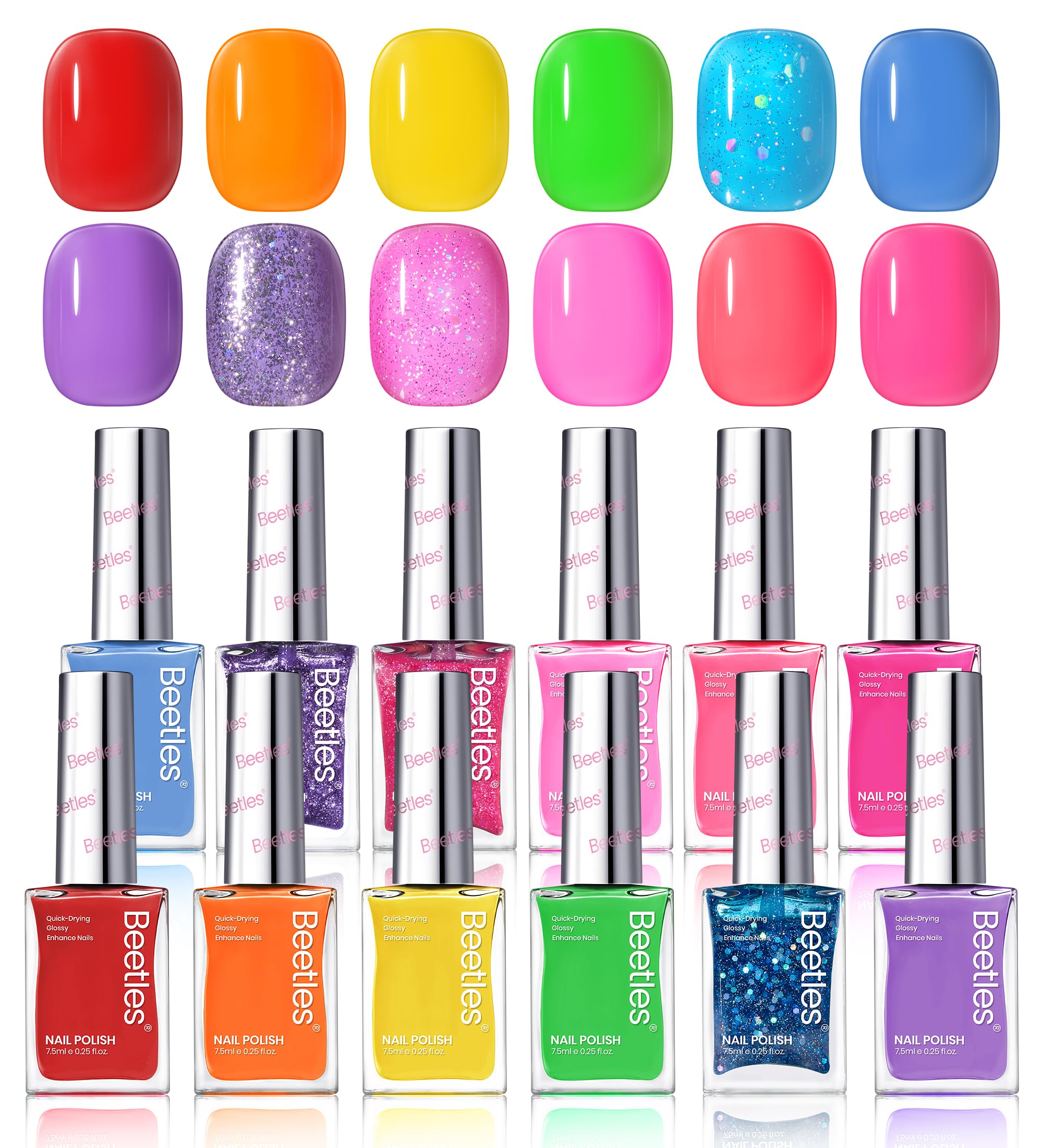 Beetles Glitter Neon Nail Polish Set swatches reveal vibrant 12-color neon collection.
