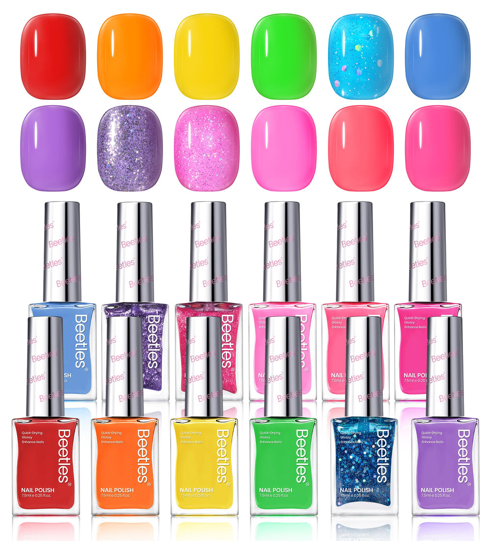 Beetles Glitter Neon Nail Polish Set swatches reveal vibrant 12-color neon collection.