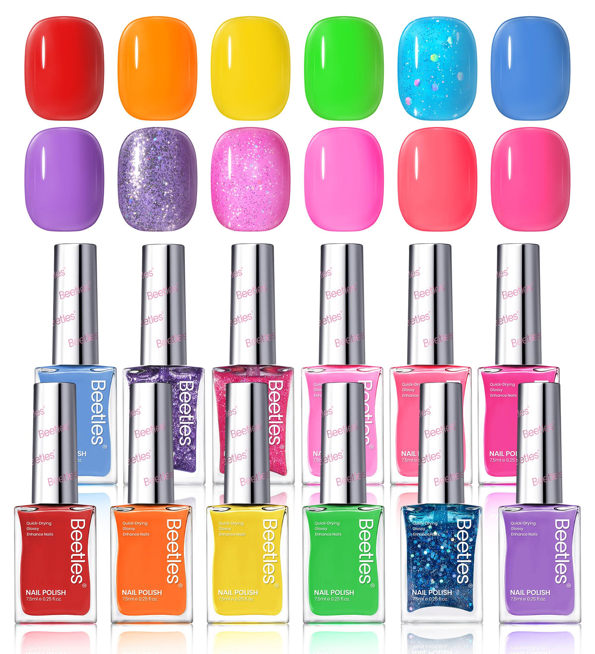 Beetles Glitter Neon Nail Polish Set swatches reveal vibrant 12-color neon collection.
