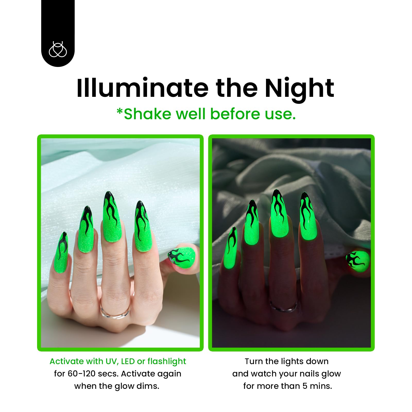 Beetles glitter particles illuminate nails with festive green glow.