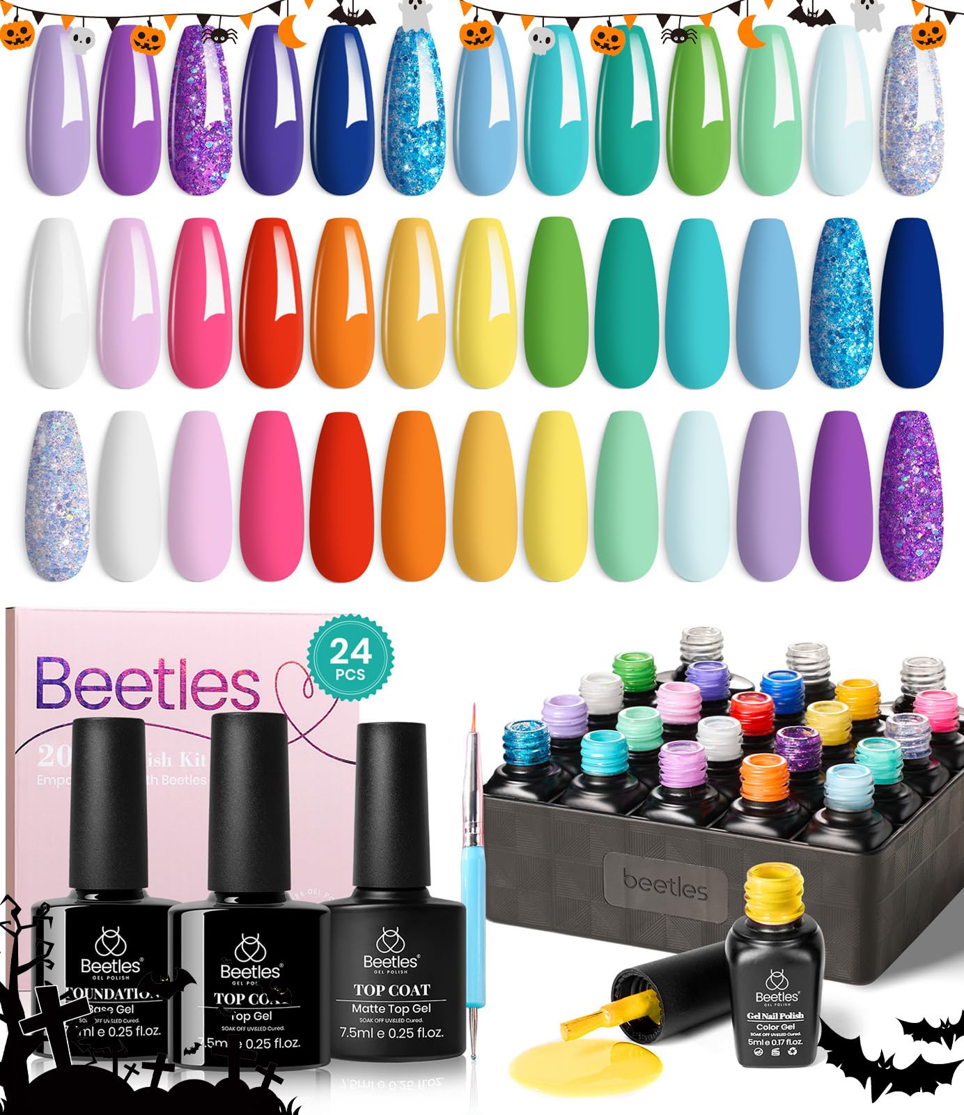 Beetles glitter and pastel colors suit bold or subtle day-to-night styles.