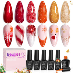 Beetles Glitter Red Gel Polish cap closeup highlighting festive shimmer for holiday nails.