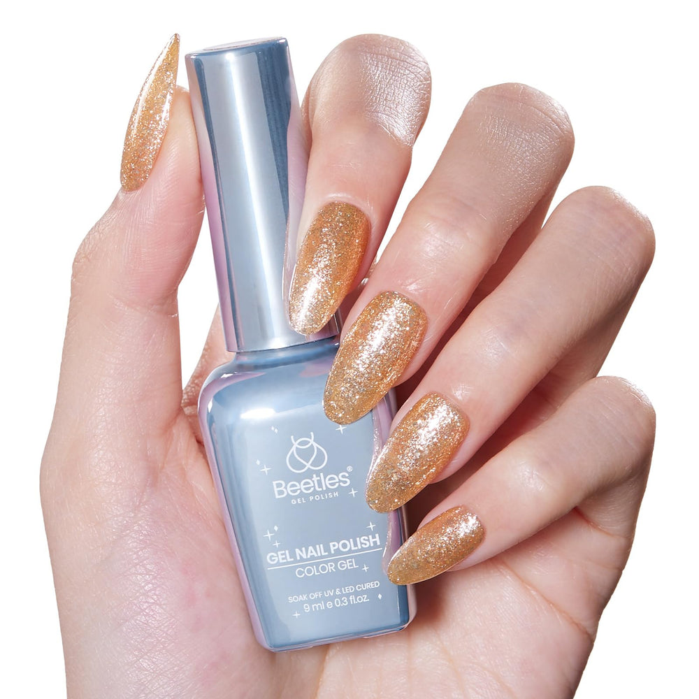 Beetles Gold Glitter Gel Polish bottle with champagne sparkle for salon-style nails