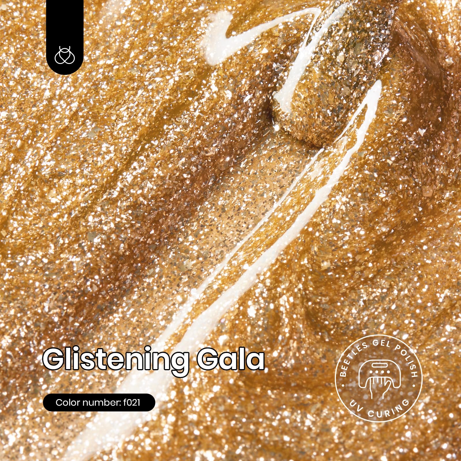 Beetles Gold Glitter Gel Polish cap shines, indicating premium long-lasting shine