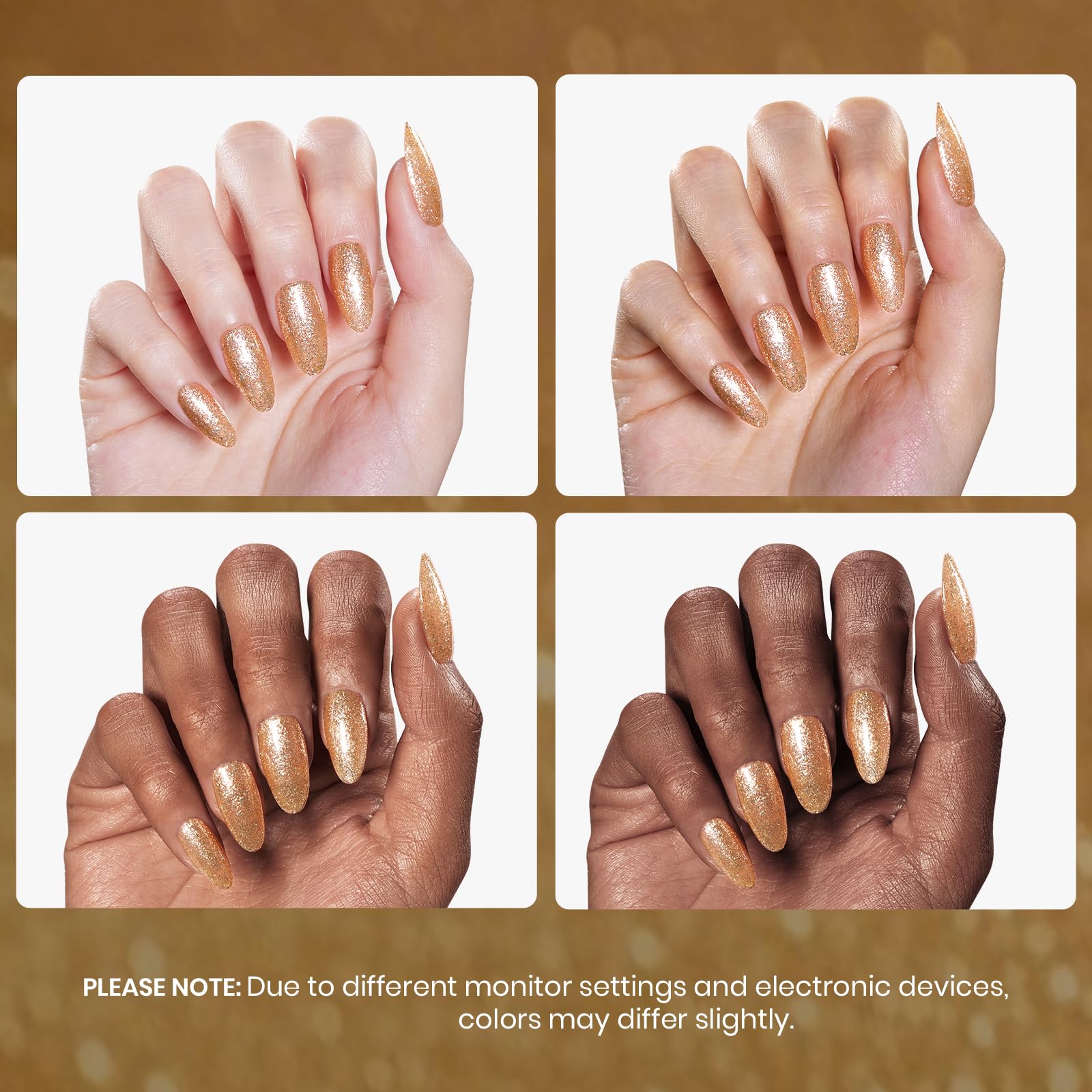 Beetles Gold Glitter Gel Polish on nails shows easy at-home manicure