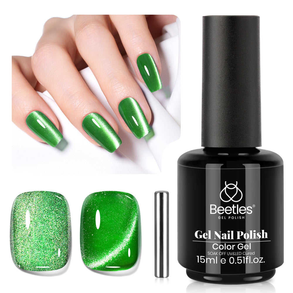 Beetles Green Cat Eye Gel Polish bottle closeup for at-home manicures.
