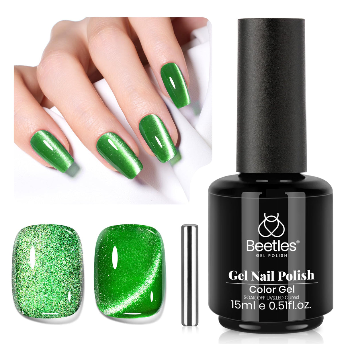 Beetles Green Cat Eye Gel Polish bottle closeup for at-home manicures.
