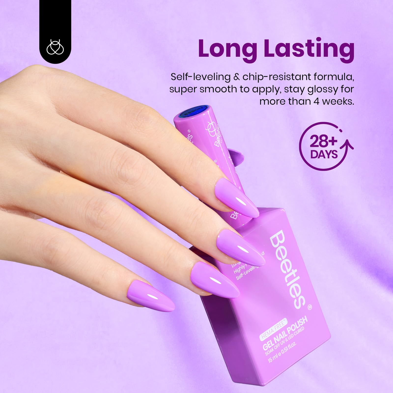 Beetles HEMA-free formula badge on bottle indicating safer at-home manicure