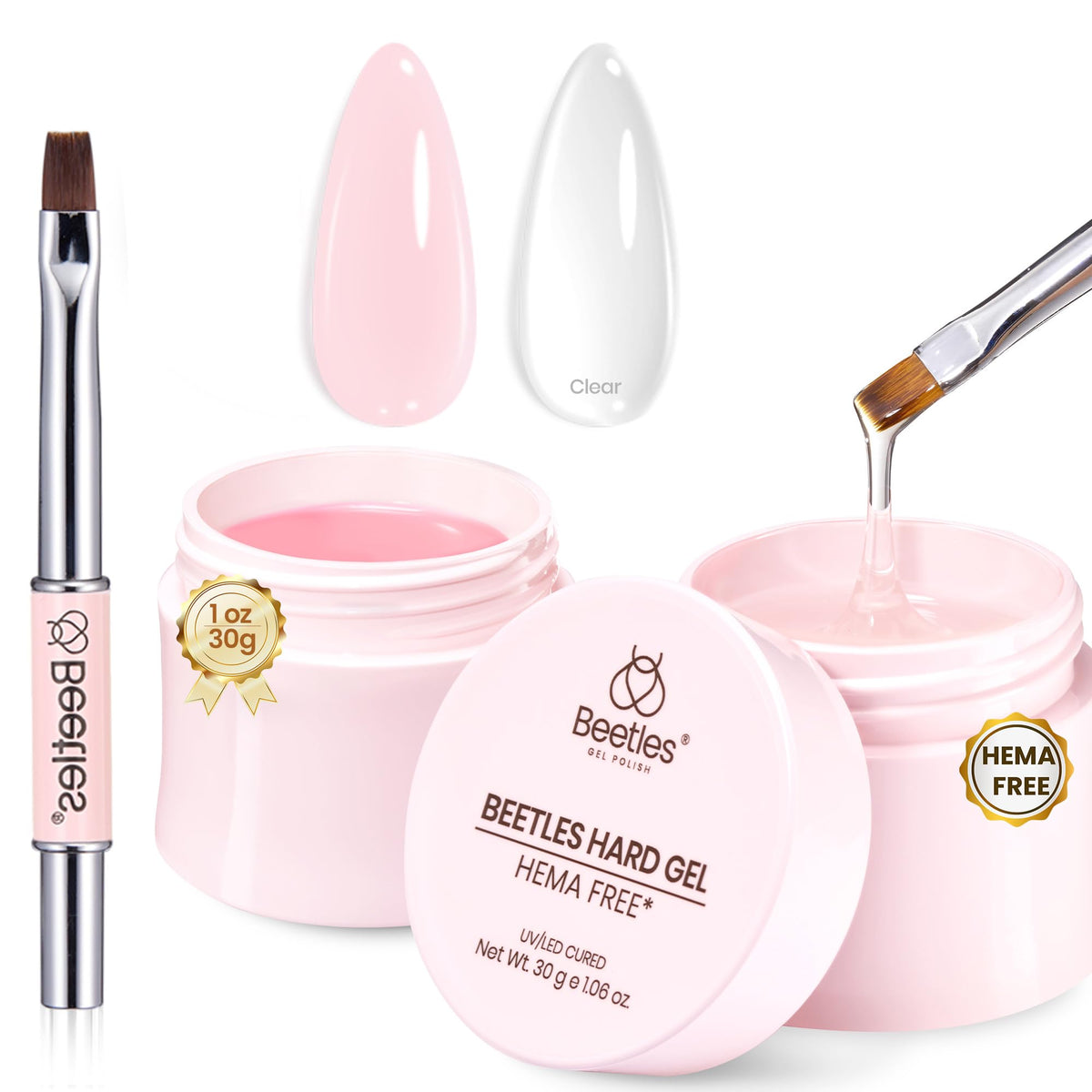 Beetles HEMA-Free Hard Gel bottle-application supports smooth, controlled nail prep with safer formulation.