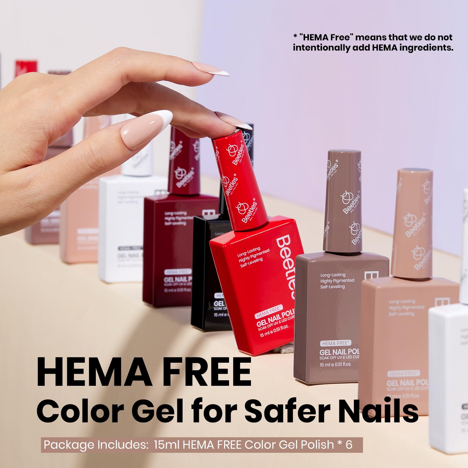 Beetles HEMA-free formula offers allergy-conscious safety for home manicures.
