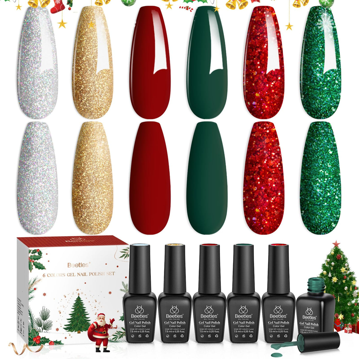 Beetles holly berries gel polish set with six festive shades for holiday nails.