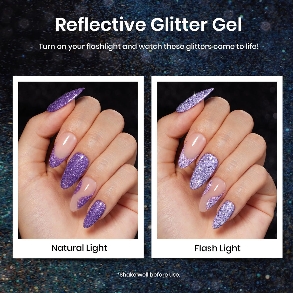 Beetles holographic sparkle on nail demonstrates vibrant color shift for standout manicure.