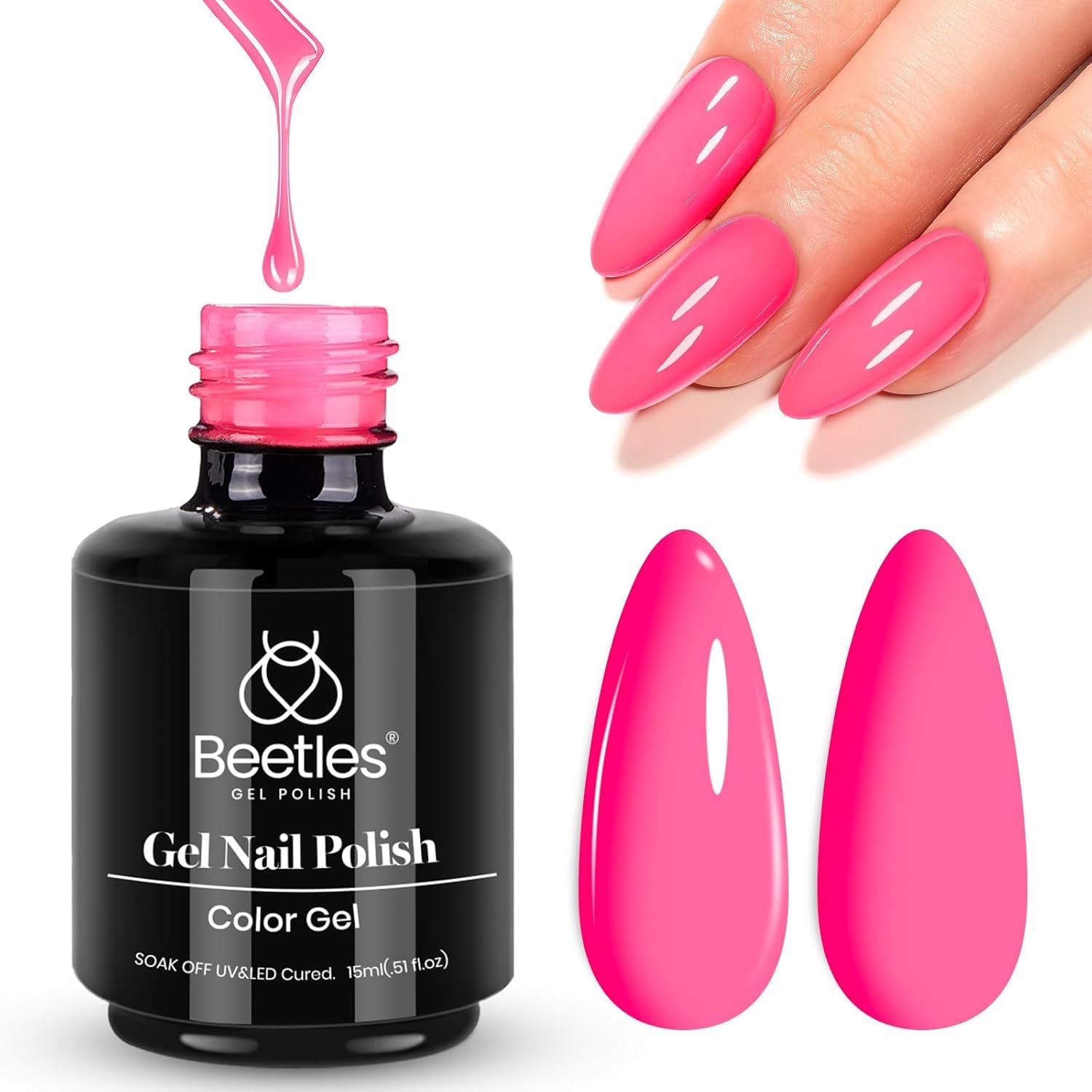 Beetles Hot Pink Gel Polish bottle close-up for vibrant color and long wear.