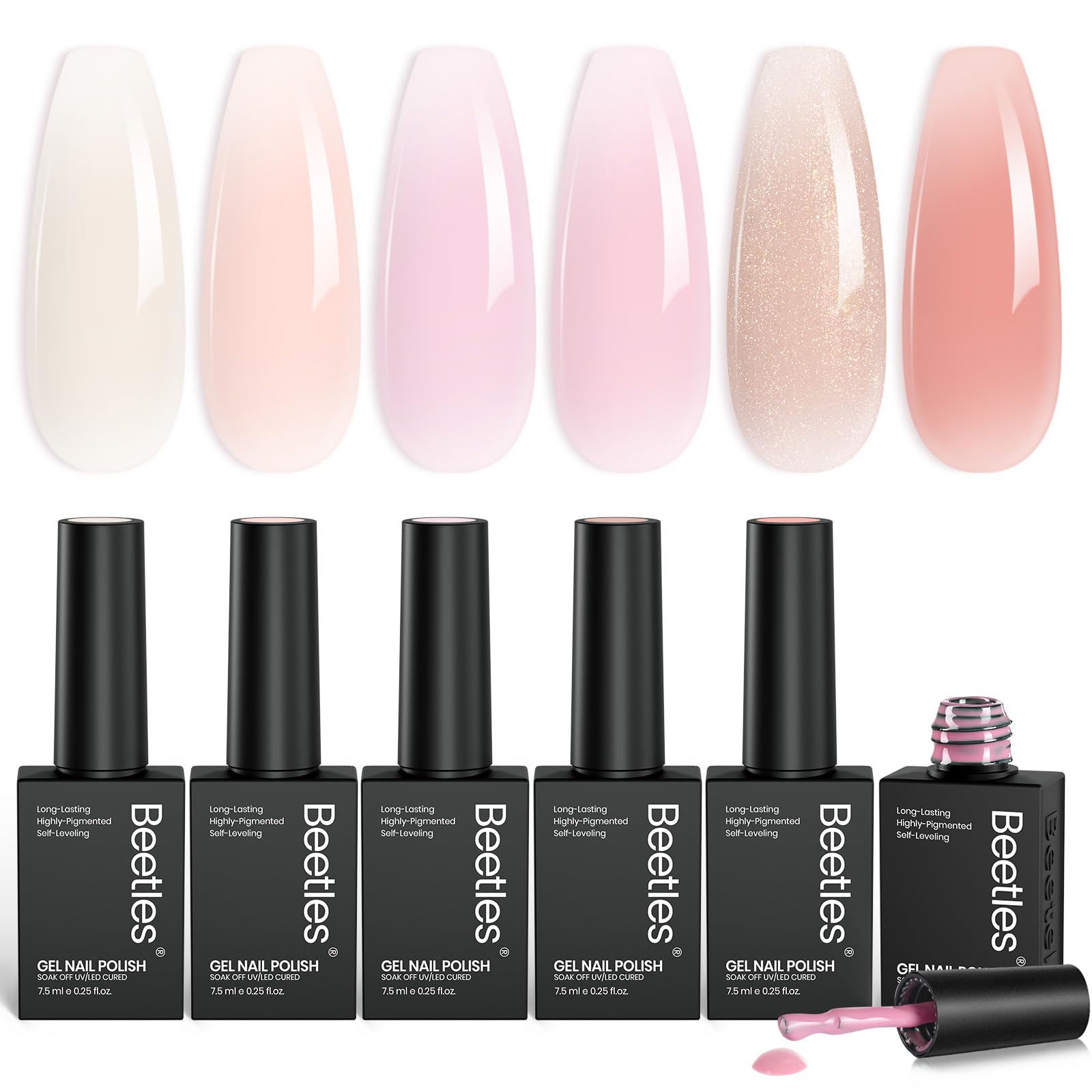 Beetles Jelly Gel Nail Polish set shows six nude pink colors for versatile looks.