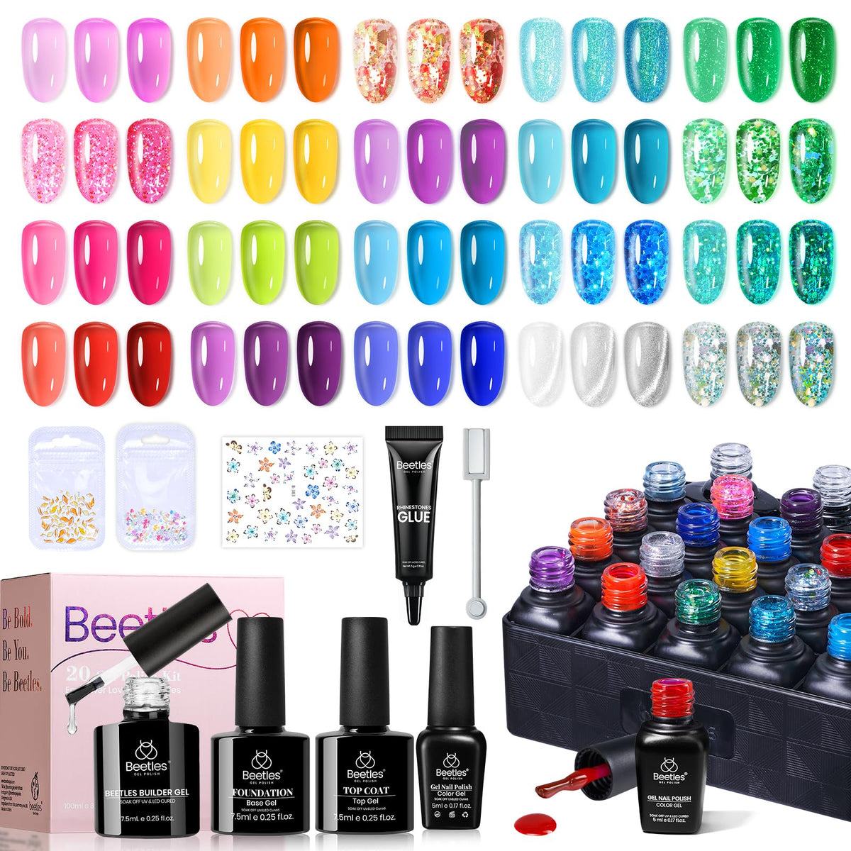 Beetles Jelly Gel Nail Polish Kit neon colors swatch for vibrant DIY nails.