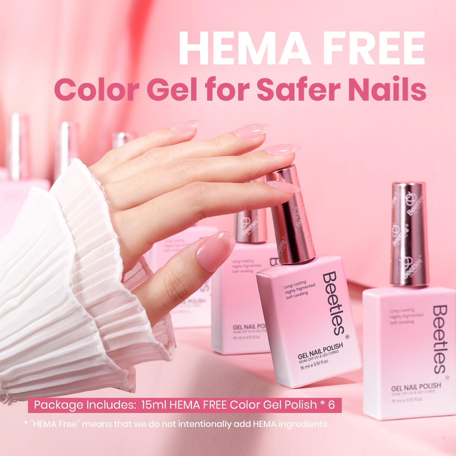 Beetles Jelly Gel bottle close-up highlights six hues and smooth consistency