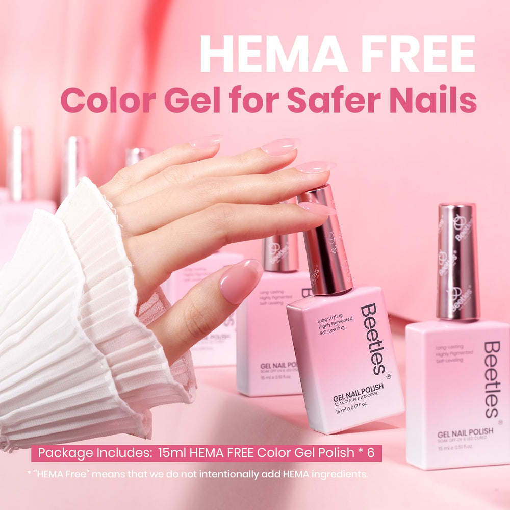 Beetles Jelly Gel bottle close-up highlights six hues and smooth consistency