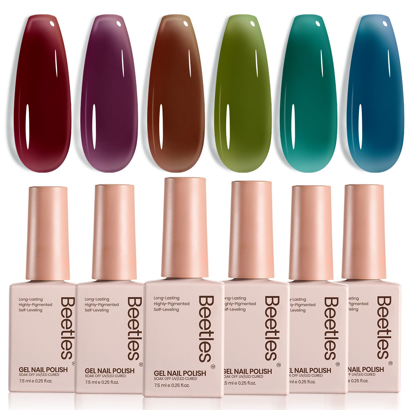 Beetles Jelly Gel Nail Polish Set color swatches show fall hues and shine.