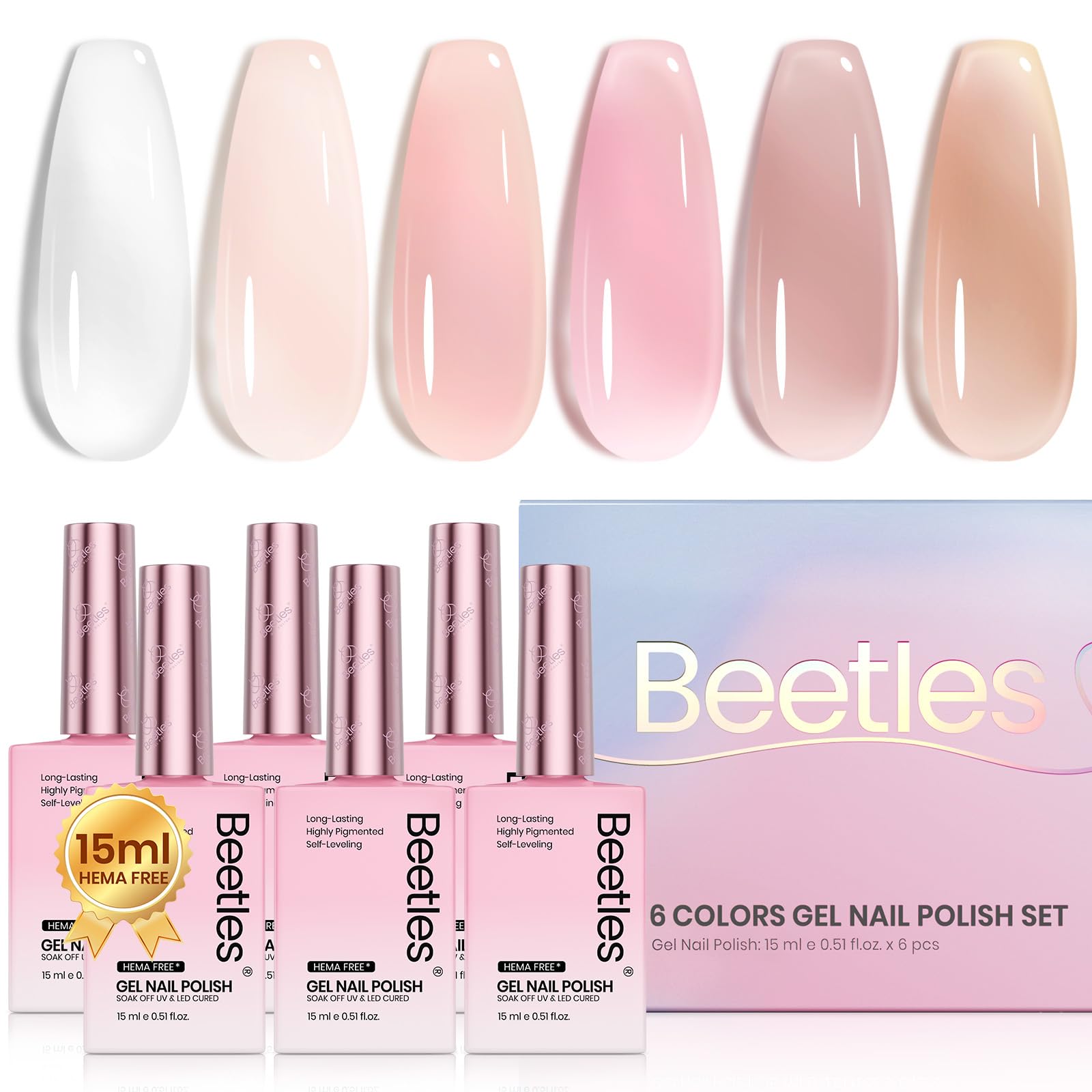 Beetles Jelly Gel color swatches show translucent glassy finish options