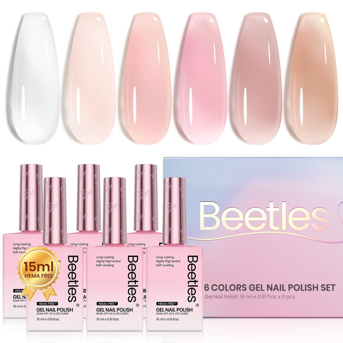 Beetles Jelly Gel color swatches show translucent glassy finish options