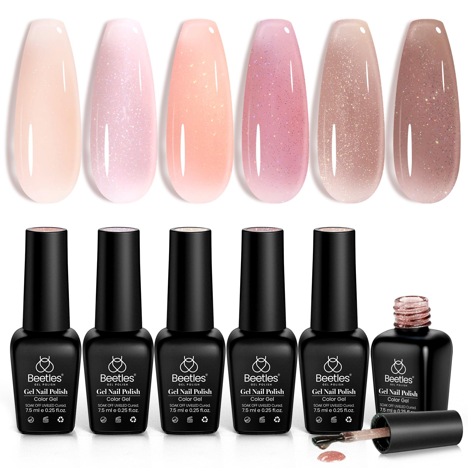 Beetles Jelly Gel Nail Polish Set color swatches show versatile nude-pink-brown shades for French nails