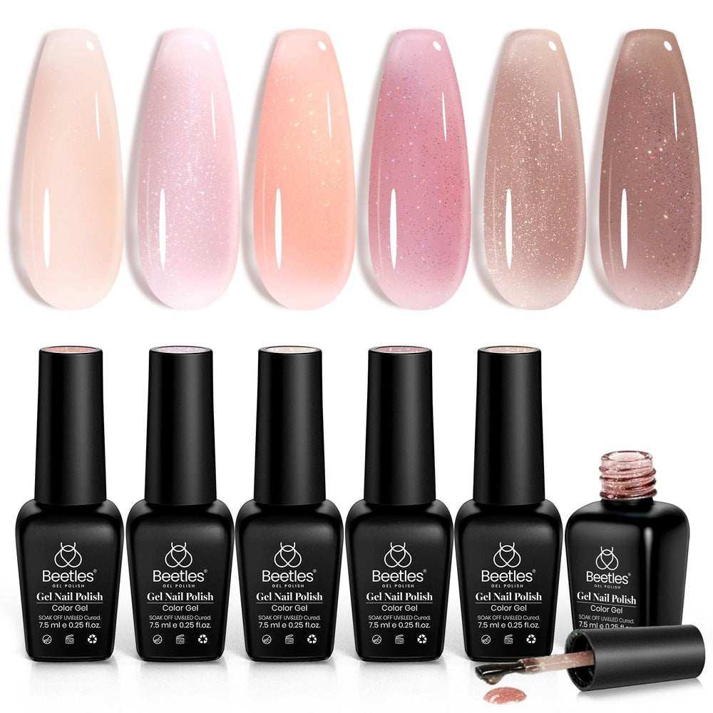 Beetles Jelly Gel Nail Polish Set color swatches show versatile nude-pink-brown shades for French nails