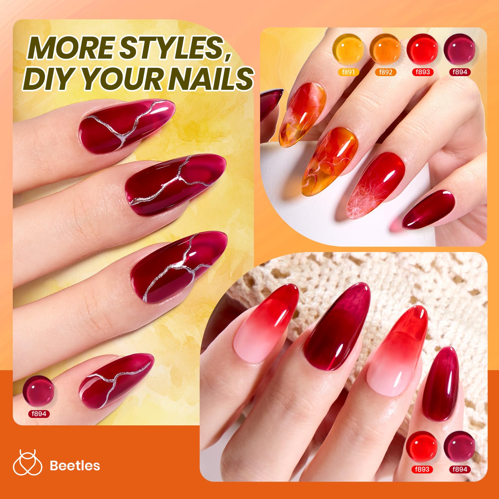 Beetles Jelly Gel Nail Polish Set demonstrates opacity-building with 1-3 coats for custom finishes.