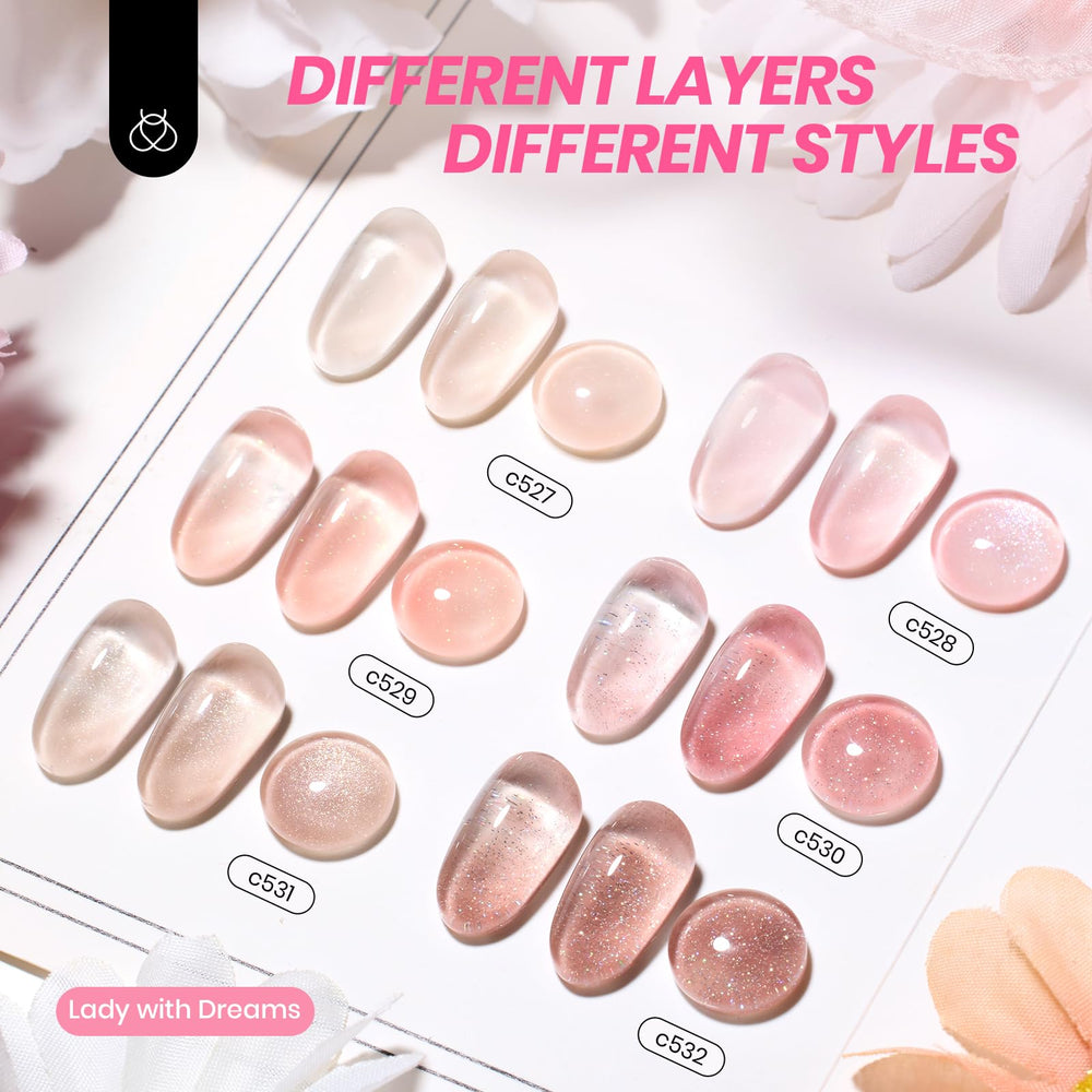 Beetles Jelly Gel Nail Polish Set nude-pink-brown bottles closeup highlighting long-lasting gloss