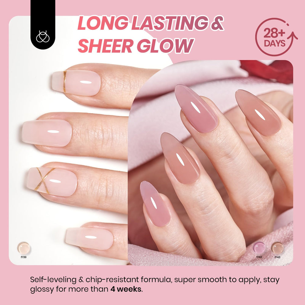 Beetles Jelly Gel Nail Polish Set nude pink brown swatches illustrate sheer to opaque layering options