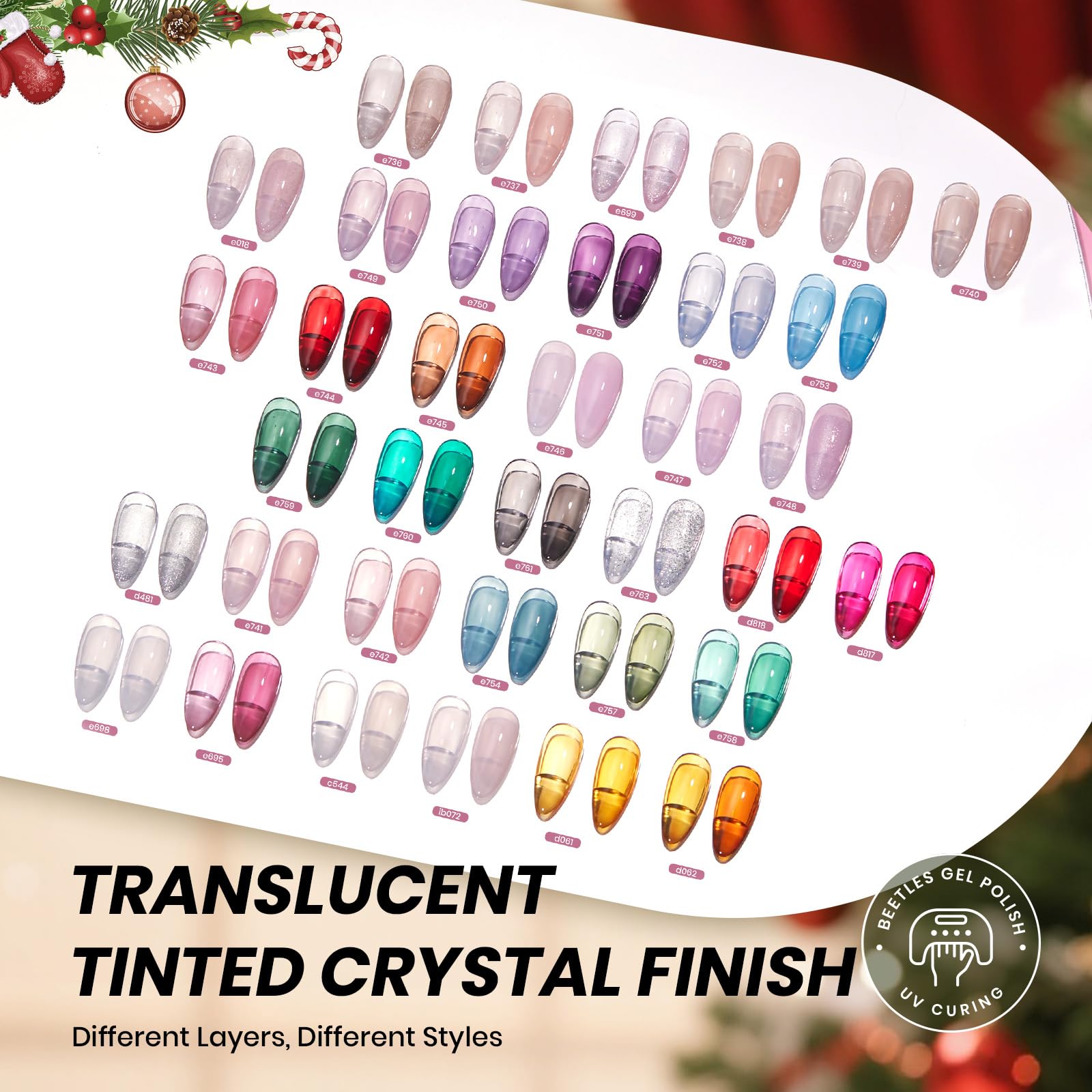 Beetles Jelly Gel Nail Swatch Collection reveals translucent to opaque layers for custom looks.