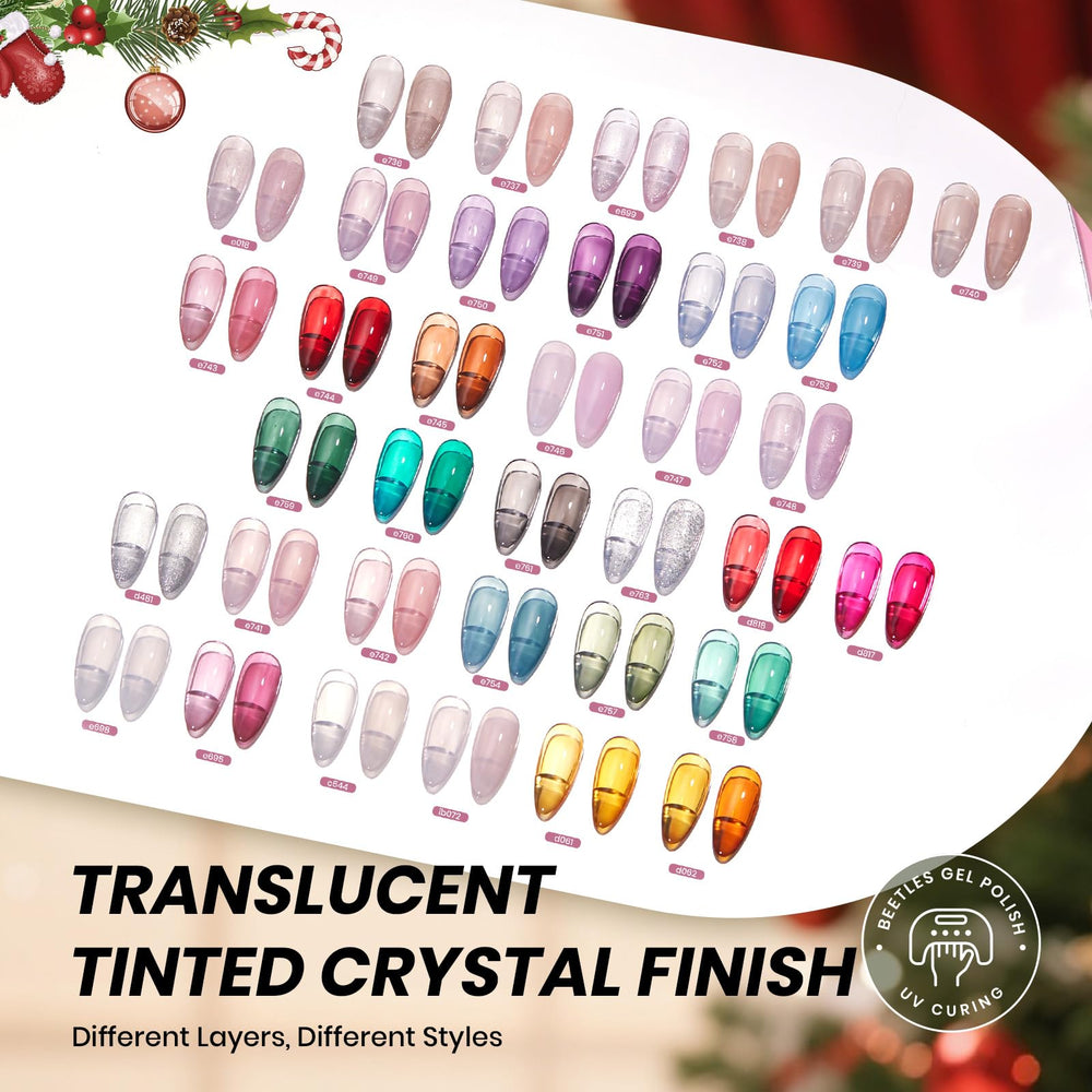 Beetles Jelly Gel Nail Swatch Collection reveals translucent to opaque layers for custom looks.