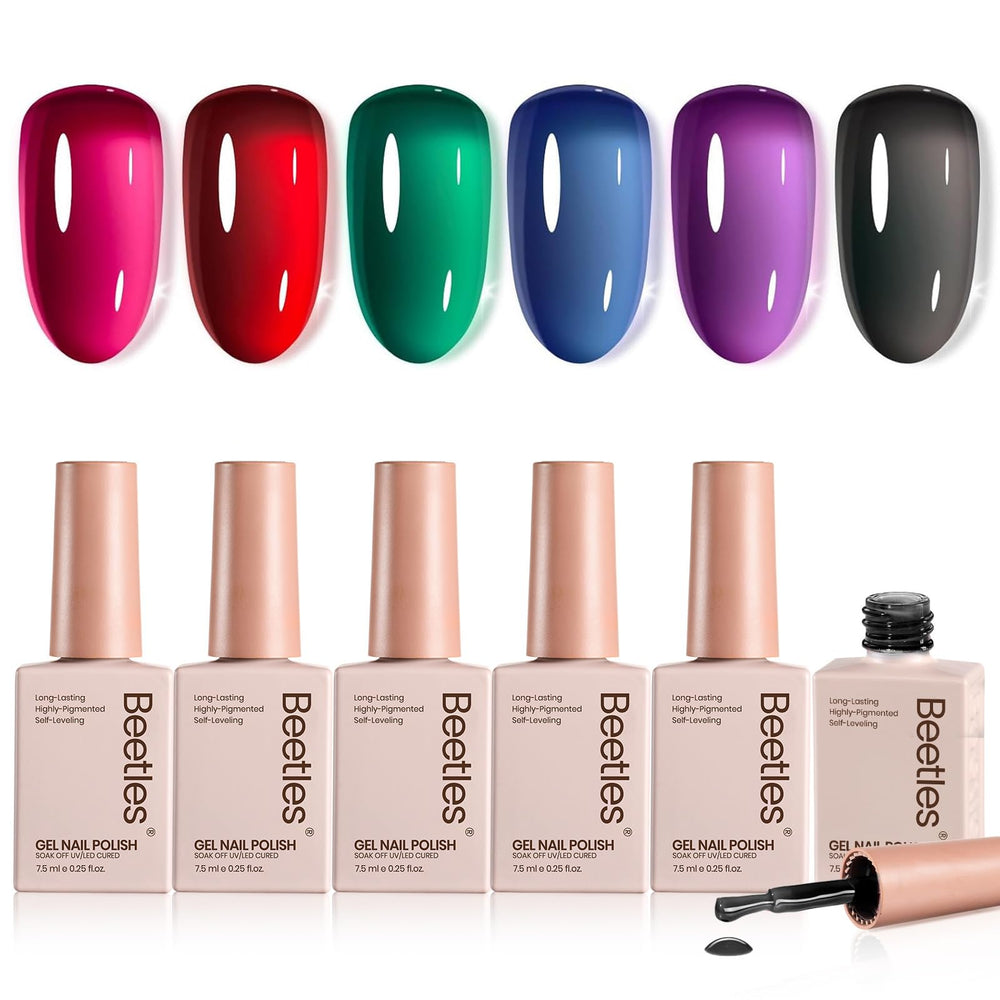 Beetles Jelly Gel Polish Set packaging displays six versatile colors for DIY manicures