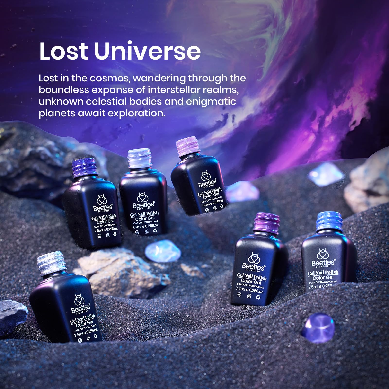Beetles Lost Universe navy-blue gel polish delivers rich color and durable shine.