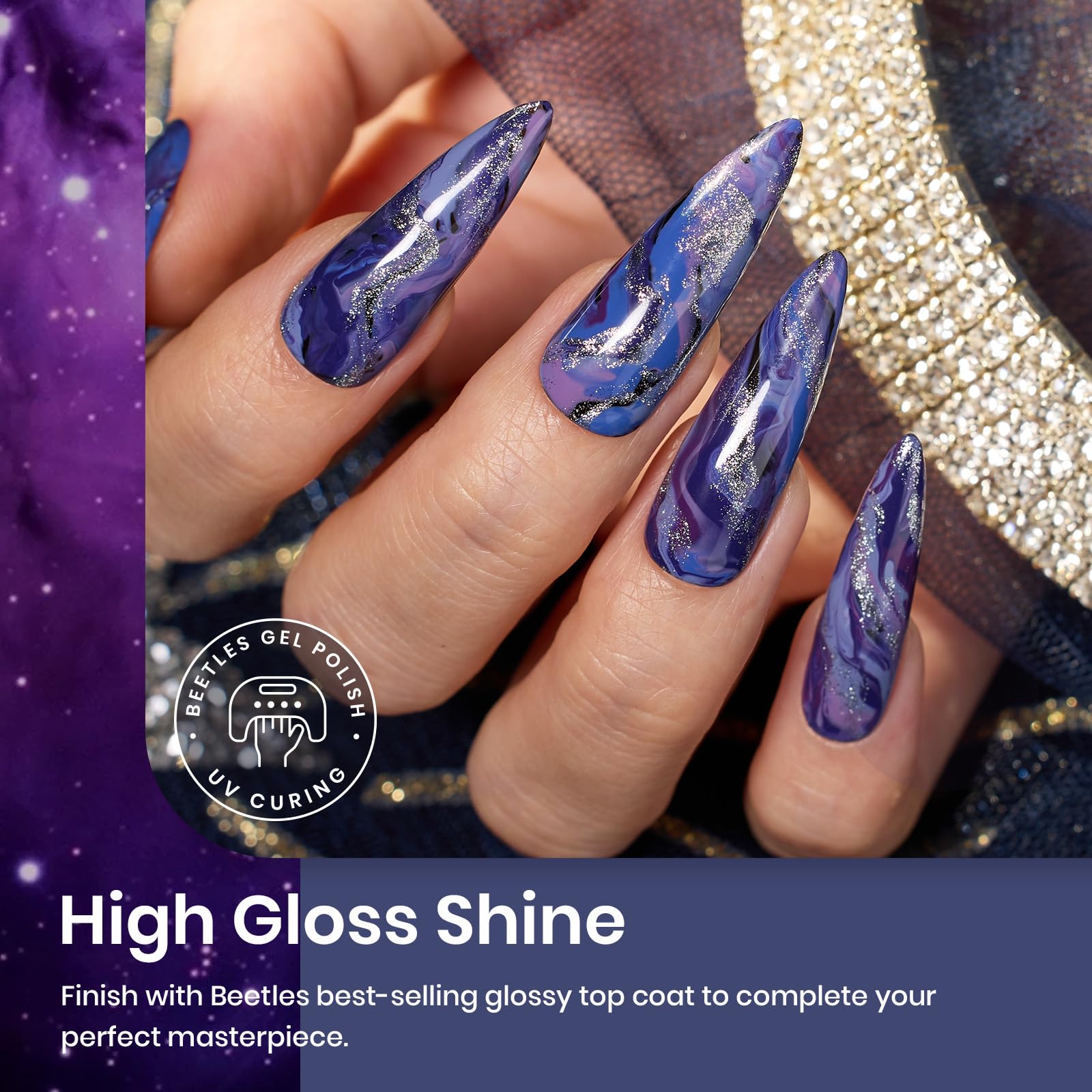 Beetles Lost Universe silver glitter gel polish adds shimmering accent and depth.