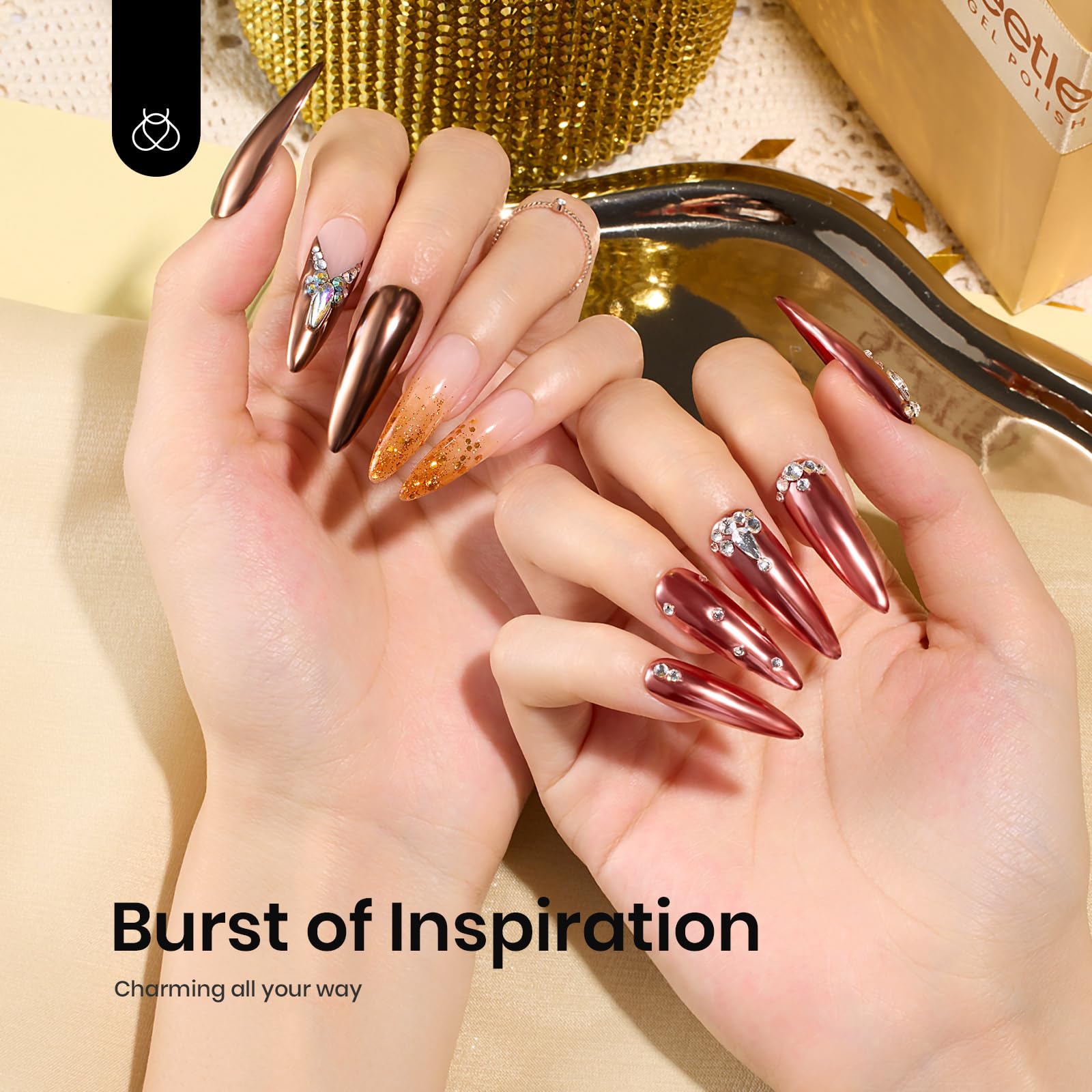 Beetles brown chrome powder in brown jar adds warm metallic accents to nails.