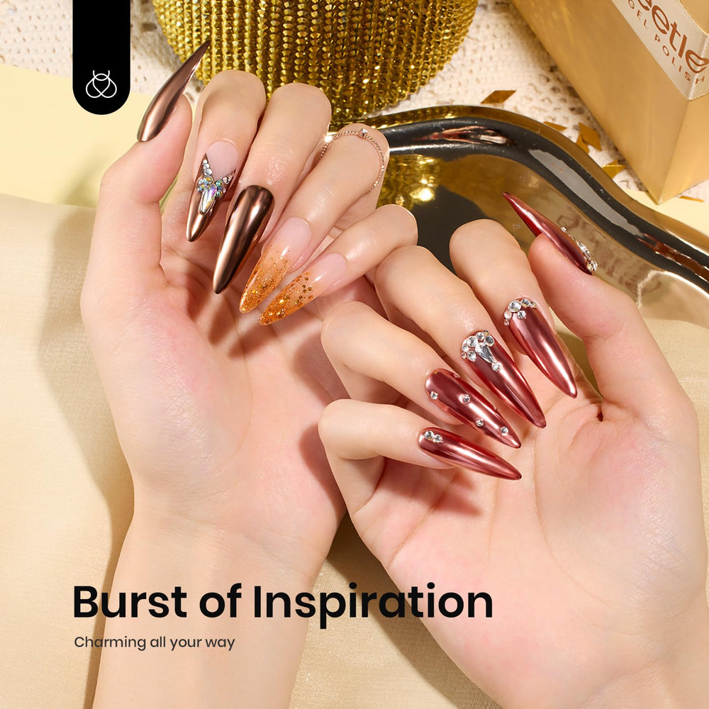 Beetles brown chrome powder in brown jar adds warm metallic accents to nails.