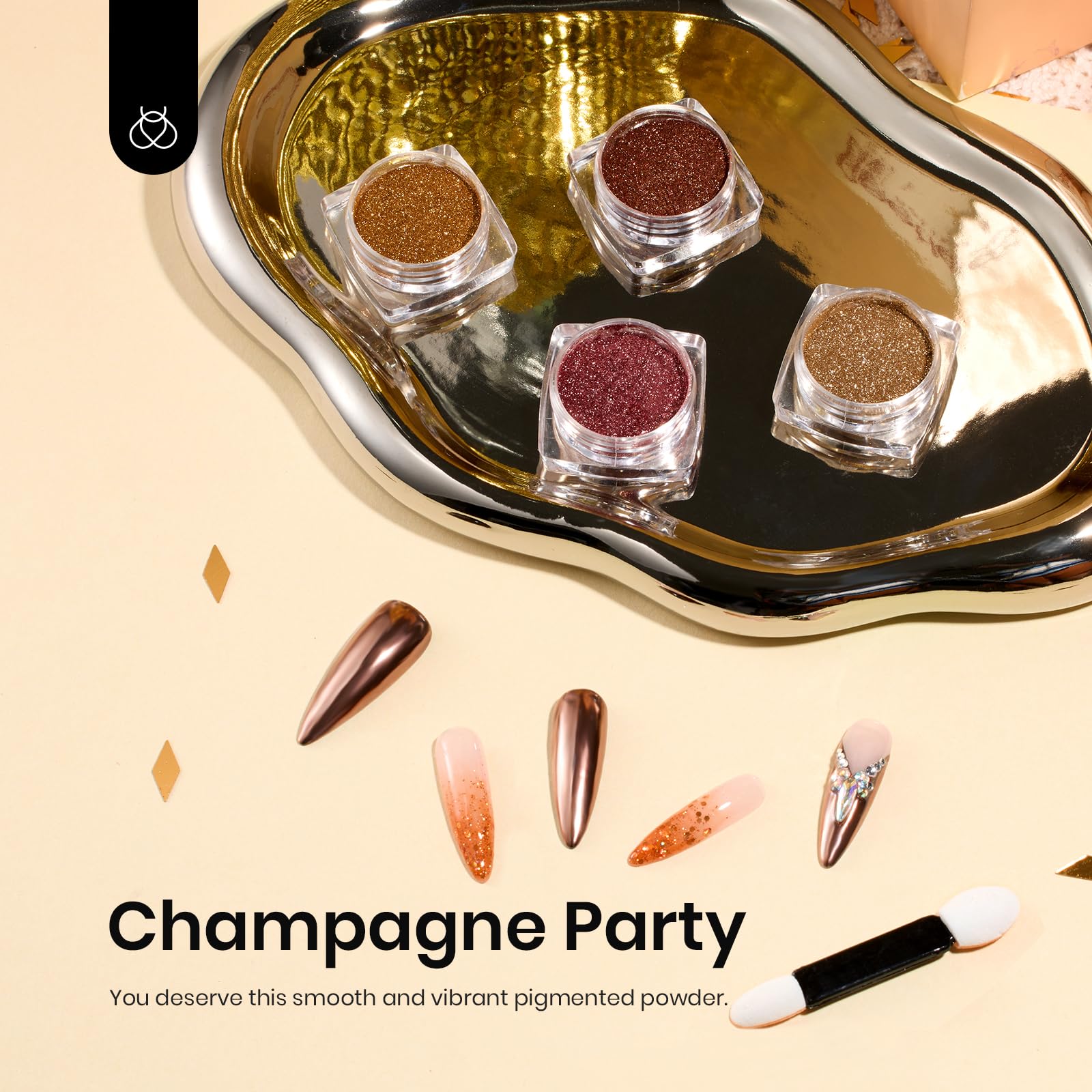 Beetles metallic chrome nail powder in champagne jar creates reflective finish for chic nails.