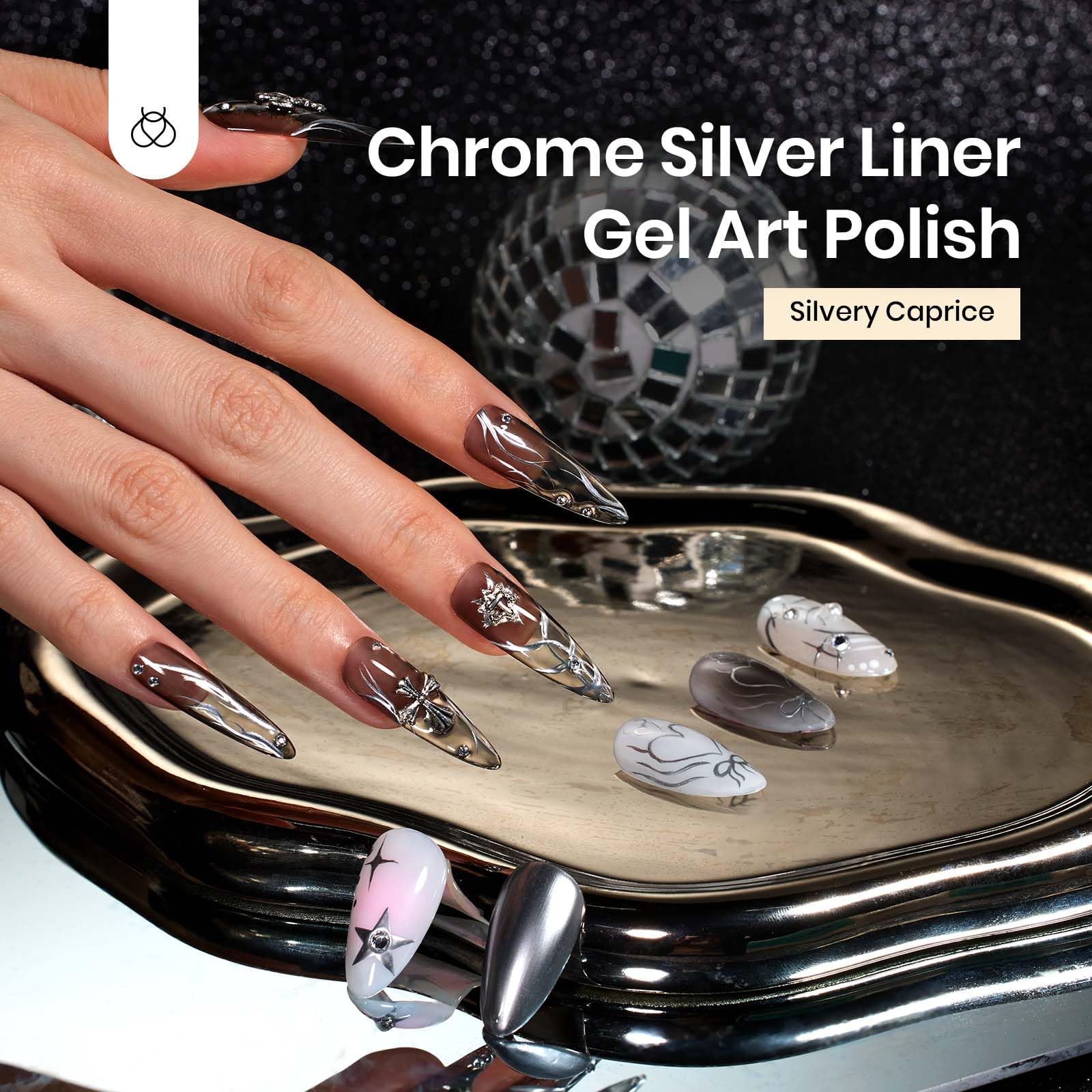 Beetles silver mirror chrome liner creates a reflective 3D effect on nails.