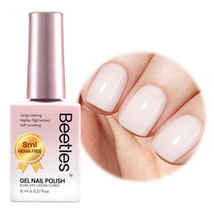 Beetles Milky White Gel Nail Polish 8ml bottle closeup shows creamy translucent finish for subtle nails.