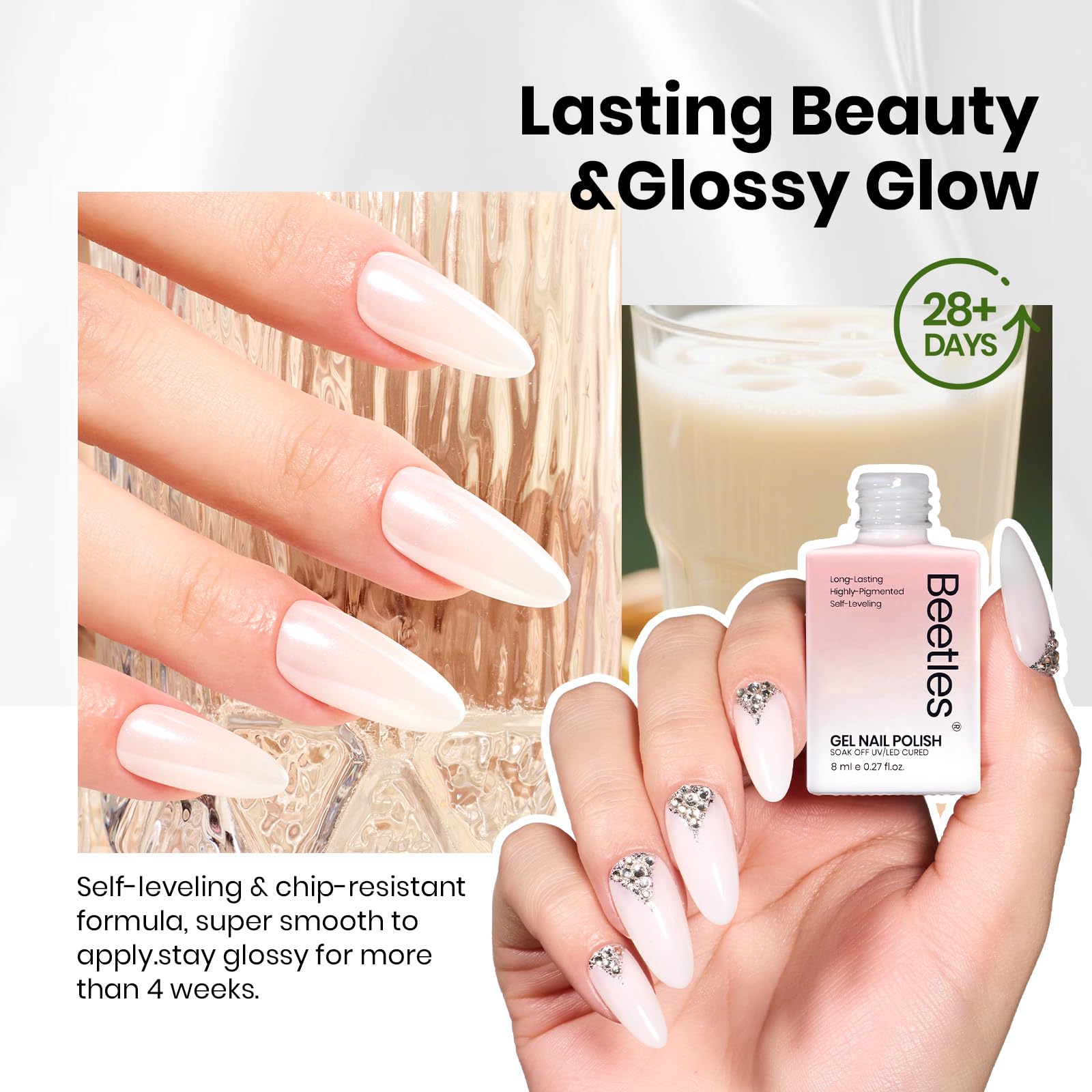Beetles Milky White Gel Nail Polish finished nails with high-gloss, natural nude shade.