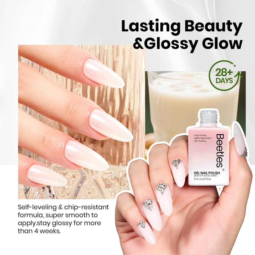 Beetles Milky White Gel Nail Polish finished nails with high-gloss, natural nude shade.